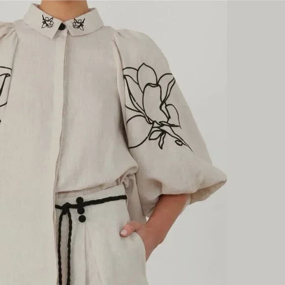 Women Two-Piece Outfit Blouse Wide-Leg Pant Beige Sz S Linen Cotton Loose Fit
